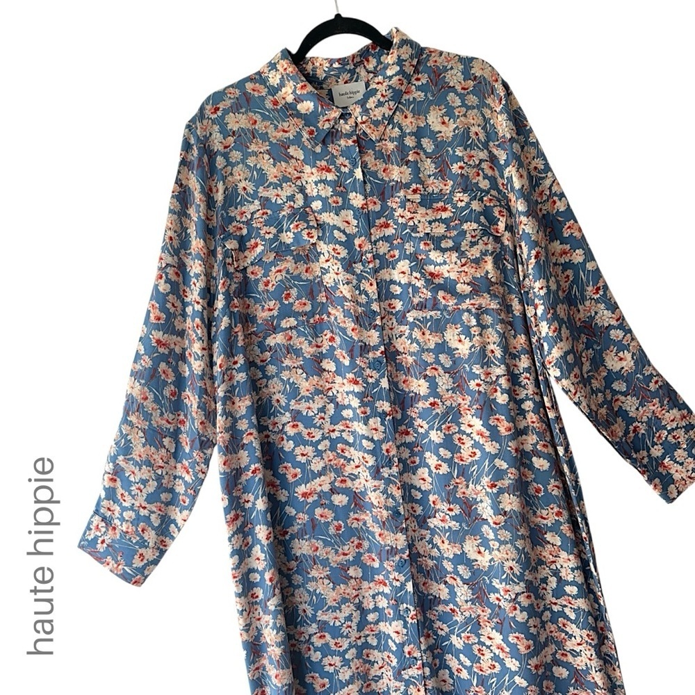 HAUTE HIPPIE | FLORAL MAXI SHIRTDRESS LONG SLEEVE BUTTON FRONT BLUE & WHITE | XL